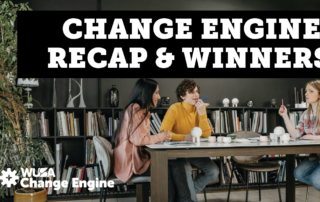 Three people sit at a table discussing, with bookshelves in the background. Text: "Change Engine: Recap & Winners" highlights student innovation and empowerment.