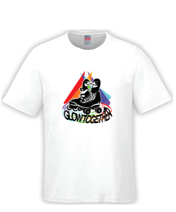 White t-shirt featuring two roller skating penguins, "GLOWTOGETHER" text, and colorful triangles in the background—perfect for bringing extra Glow to your Pride look at the Toronto Pride Parade!.