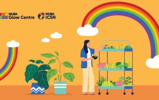 A person with long hair carefully tends to succulent plants on a cart, set against a backdrop of rainbows and clouds. This serene scene resembles a peaceful planting workshop in the sky.