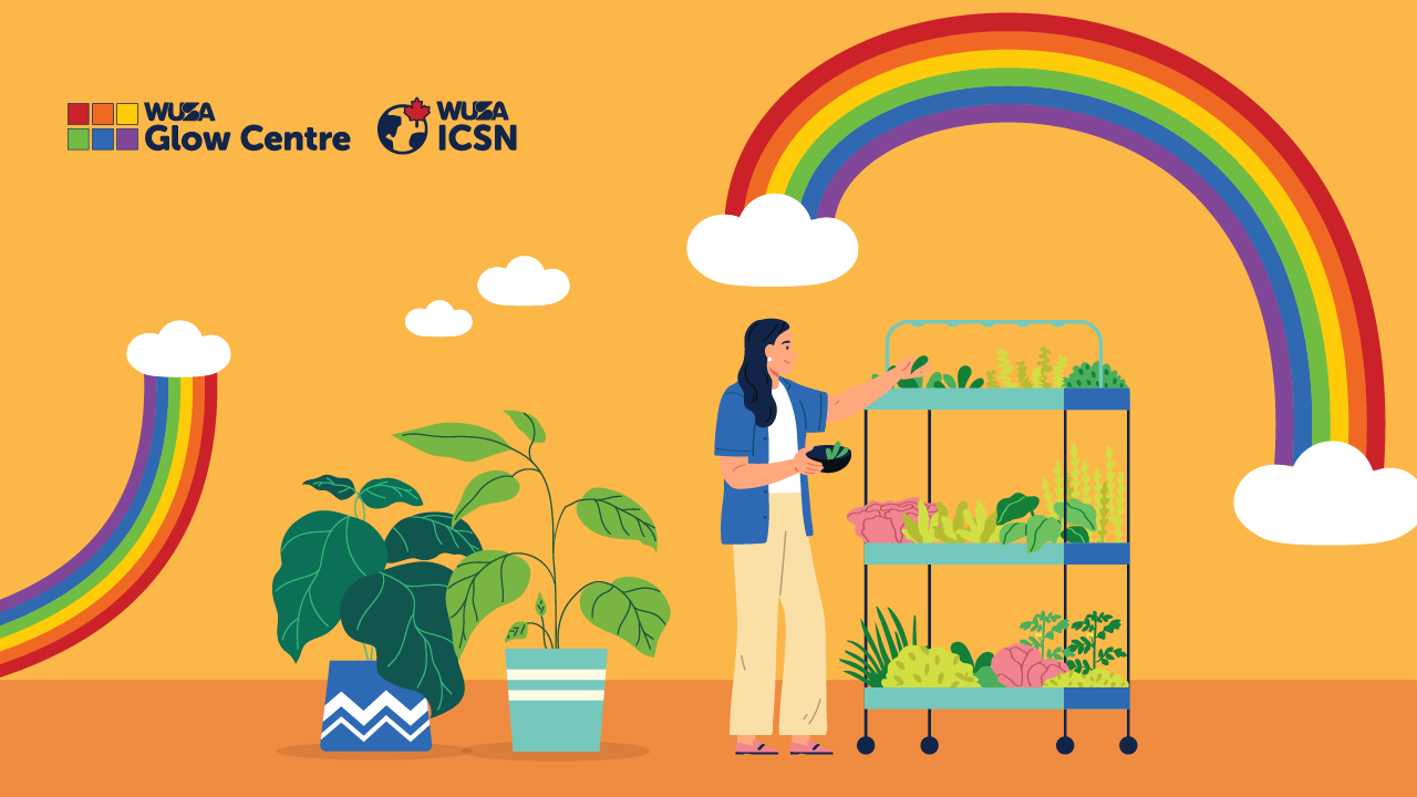 A person with long hair carefully tends to succulent plants on a cart, set against a backdrop of rainbows and clouds. This serene scene resembles a peaceful planting workshop in the sky.