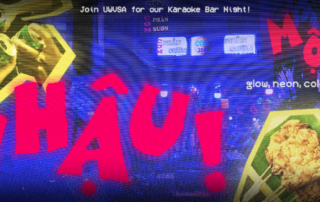 Discover the ultimate Karaoke Bar Night experience at UWVSA! A vibrant poster showcases colorful text, neon lights, and a classic dish of nhậu in the corner, inviting you to sing your heart out while indulging in a delightful culinary treat.