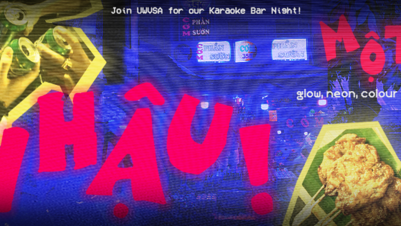 Discover the ultimate Karaoke Bar Night experience at UWVSA! A vibrant poster showcases colorful text, neon lights, and a classic dish of nhậu in the corner, inviting you to sing your heart out while indulging in a delightful culinary treat.