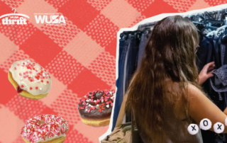 A person browses through jeans against a red plaid backdrop adorned with donuts, under the text "WUSA thrift" and "WUSA" logos. Discover your perfect pair at our Pop-Up Event!.