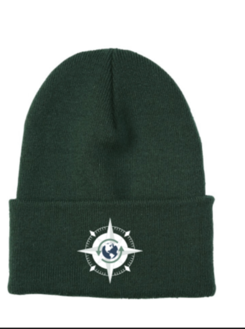 Dark green knit beanie with a compass and globe logo on the front cuff.