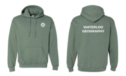 The WAGS hoodie is green with a compass logo on the front and "WATERLOO GEOGRAPHY" emblazoned on the back.