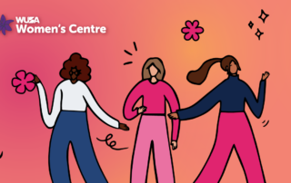 Illustrated women dancing on an orange background with floral elements, celebrating International Women's Day, labeled "WUSA Women's Centre.