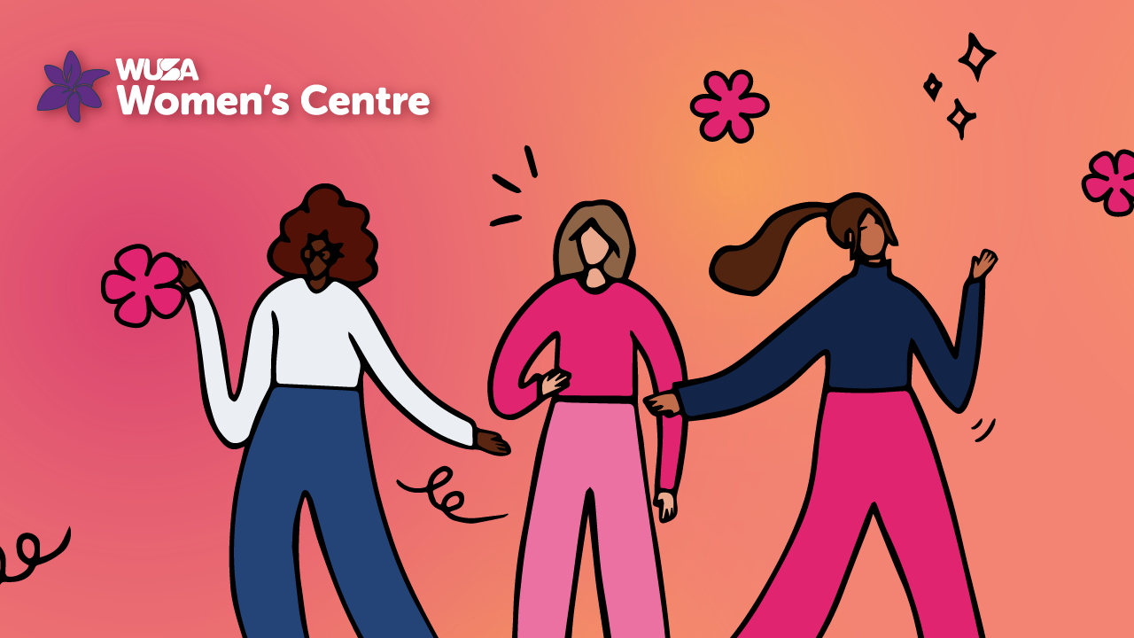 Illustrated women dancing on an orange background with floral elements, celebrating International Women's Day, labeled "WUSA Women's Centre.