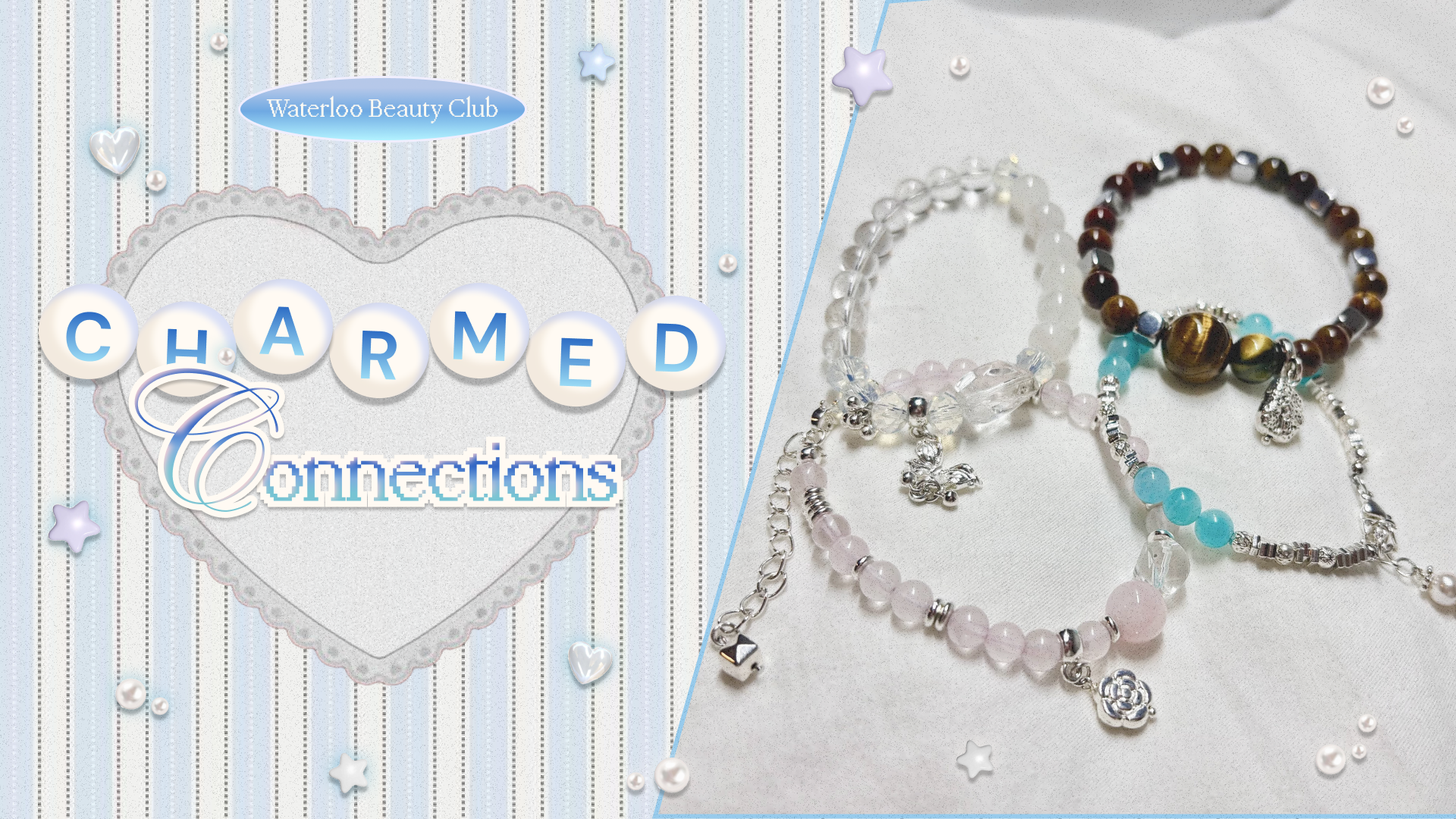 Bracelets adorned with charms rest elegantly on a white surface, accompanied by a "Charmed Connections" graphic featuring a heart-filled background. Perfect for celebrating cherished relationships.