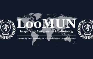 Logo with "LooMUN: Inspiring Futures in Diplomacy" text, world map, lightbulbs with branches, and laurel wreaths.