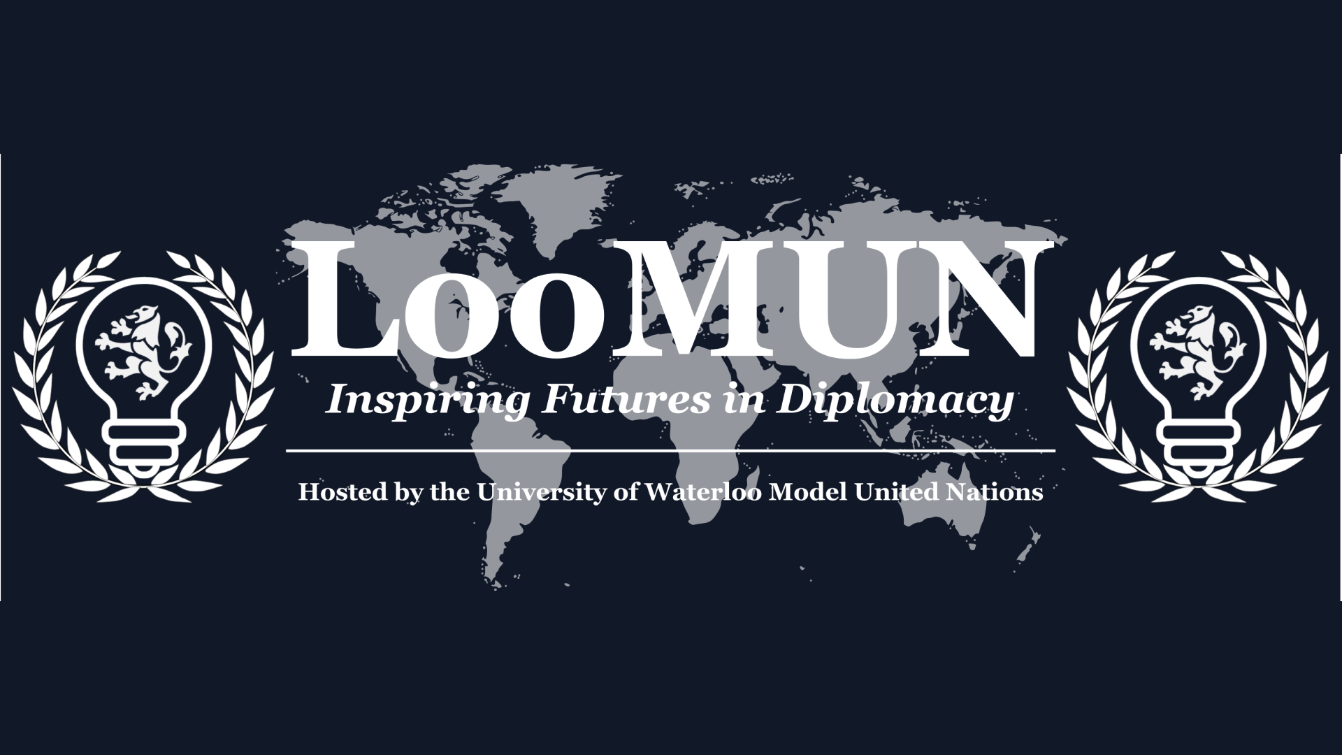 Logo with "LooMUN: Inspiring Futures in Diplomacy" text, world map, lightbulbs with branches, and laurel wreaths.