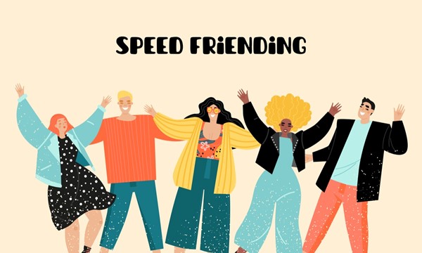 Illustration of five diverse people joyfully raising their hands under the text "Speed Friending.