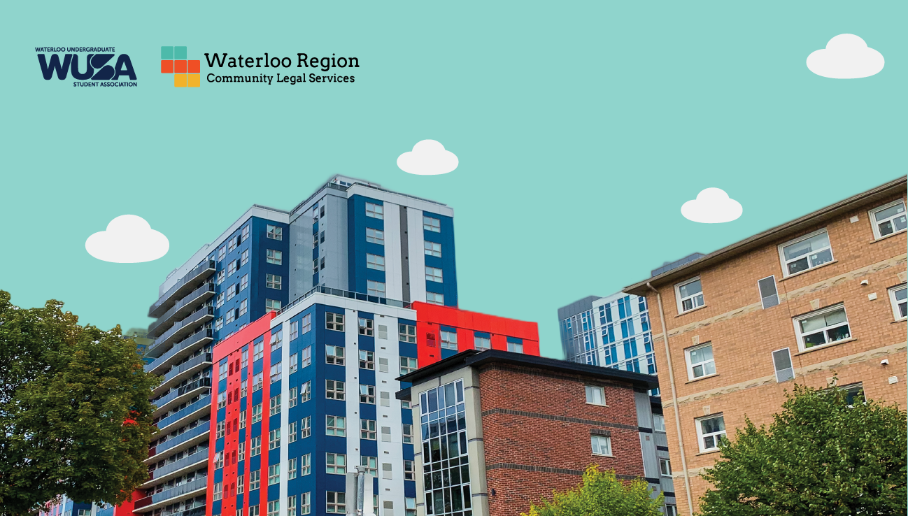 Skyline view with colorful modern buildings against a blue sky, highlighting the logos of WUSA and Waterloo Region Community Legal Services. A session on tenancy and legal rights is underway, offering valuable insights to the community.