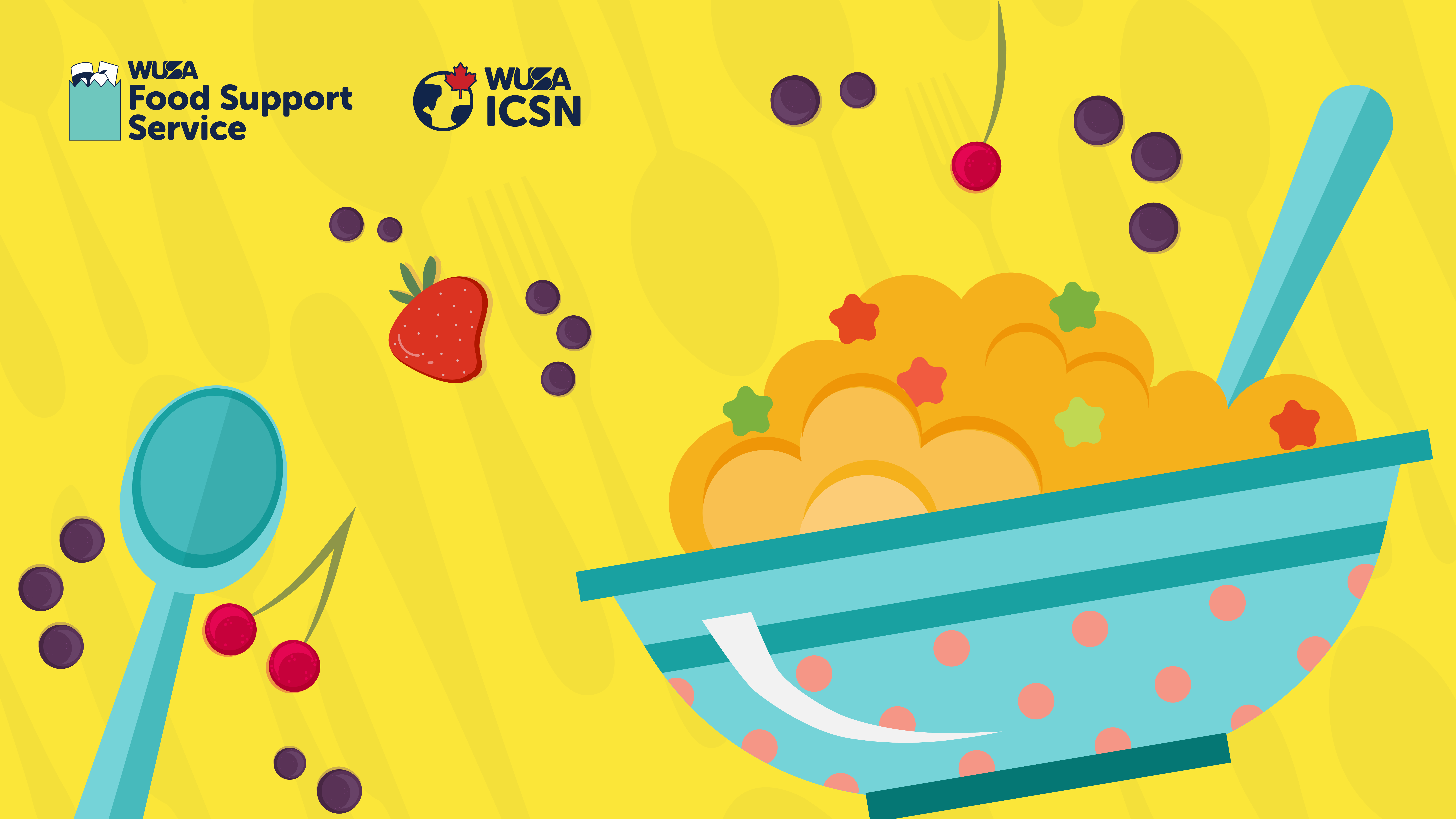 A vibrant bowl of cereal adorned with fresh fruit sits against a sunny yellow backdrop, showcasing the logos for WUSA Food Support Service (FSS) and ICSN.