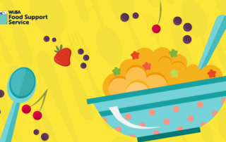 Illustration of a bowl with food and a spoon, surrounded by cherries, berries, and a strawberry on a bright yellow background, evoking the vibrant feel of a free-spirited morning.