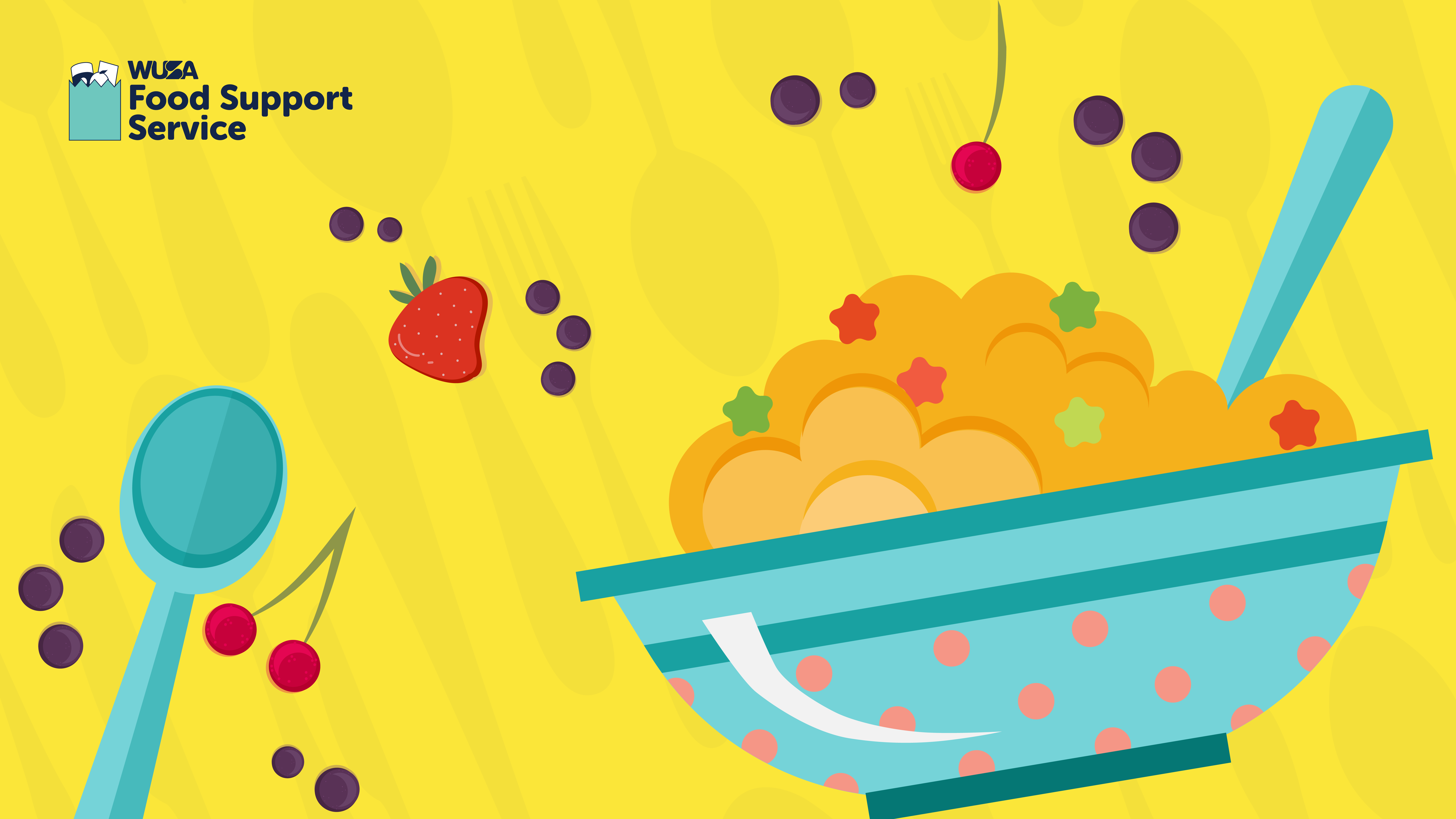 Illustration of a bowl with food and a spoon, surrounded by cherries, berries, and a strawberry on a bright yellow background, evoking the vibrant feel of a free-spirited morning.