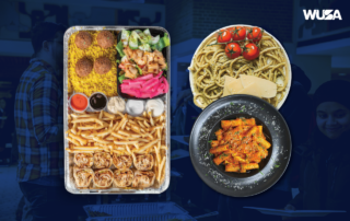 A variety of dishes, including fries, wraps, spaghetti, and rigatoni pasta on platters—perfect to fuel up for finals.
