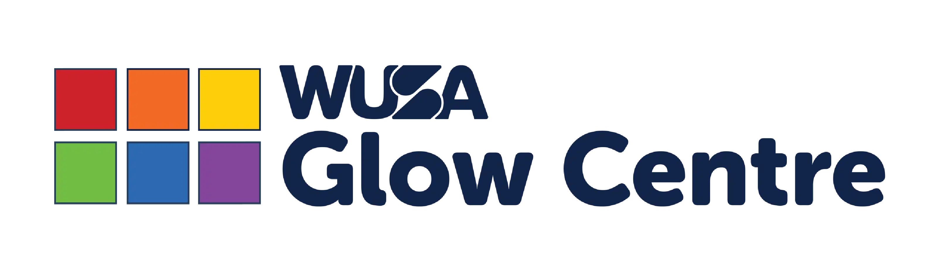 Logo with colorful squares and text "WUSA Glow Centre" in dark blue.