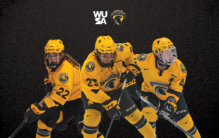 Three ice hockey players in yellow and black uniforms resemble the dynamic spirit of WUSA X Athletics, set against a striking black background.