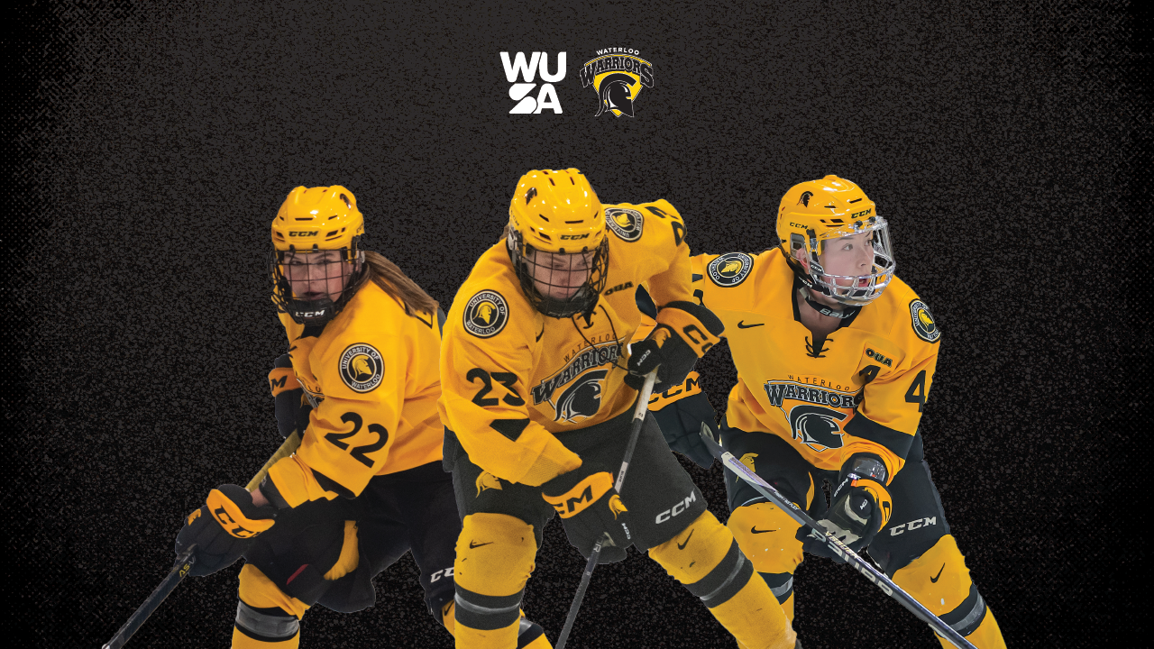 Three ice hockey players in yellow and black uniforms resemble the dynamic spirit of WUSA X Athletics, set against a striking black background.