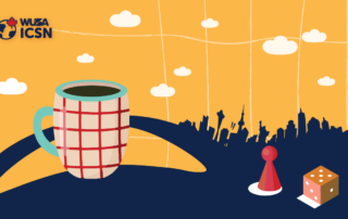 Illustration of a checkered mug, game pieces, and a city skyline silhouette against a vibrant yellow background sets the scene for an ideal hangout or study session.