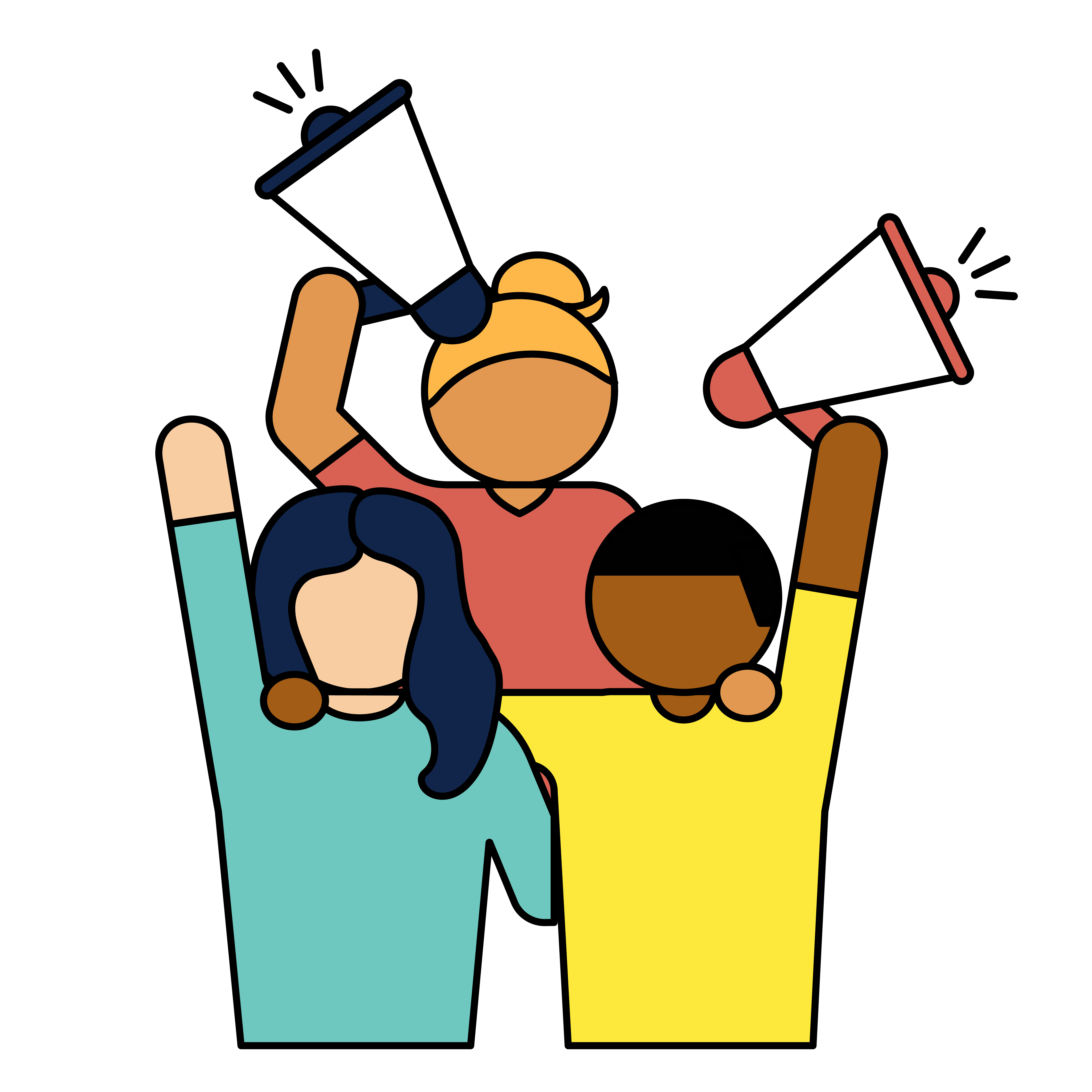 Illustration of three diverse people holding megaphones, symbolizing advocacy and raising voices together.