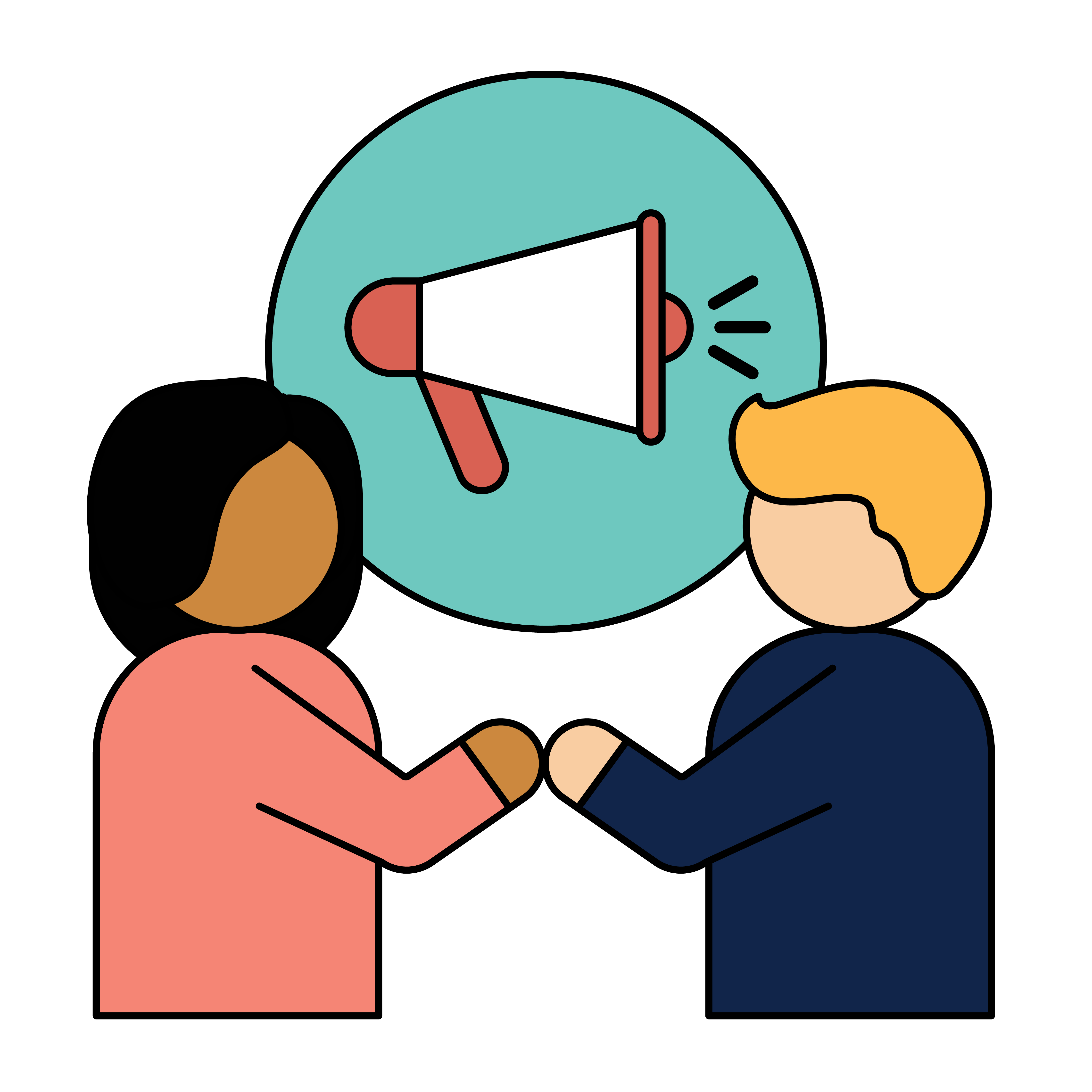 Two people shaking hands with a megaphone icon between them, symbolizing communication or agreement.