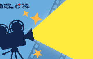 Illustration of a film camera projecting light with stars on a blue background, celebrating Mates X ICSN Movie Night. Logos of WUSA Mates and WUSA ICSN prominently displayed.