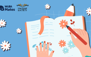 Illustration of hands drawing flowers in a notebook, capturing the serene essence of a Journaling Night. Adorned with logos for Mates and English Society, this piece beautifully marries creativity and community.