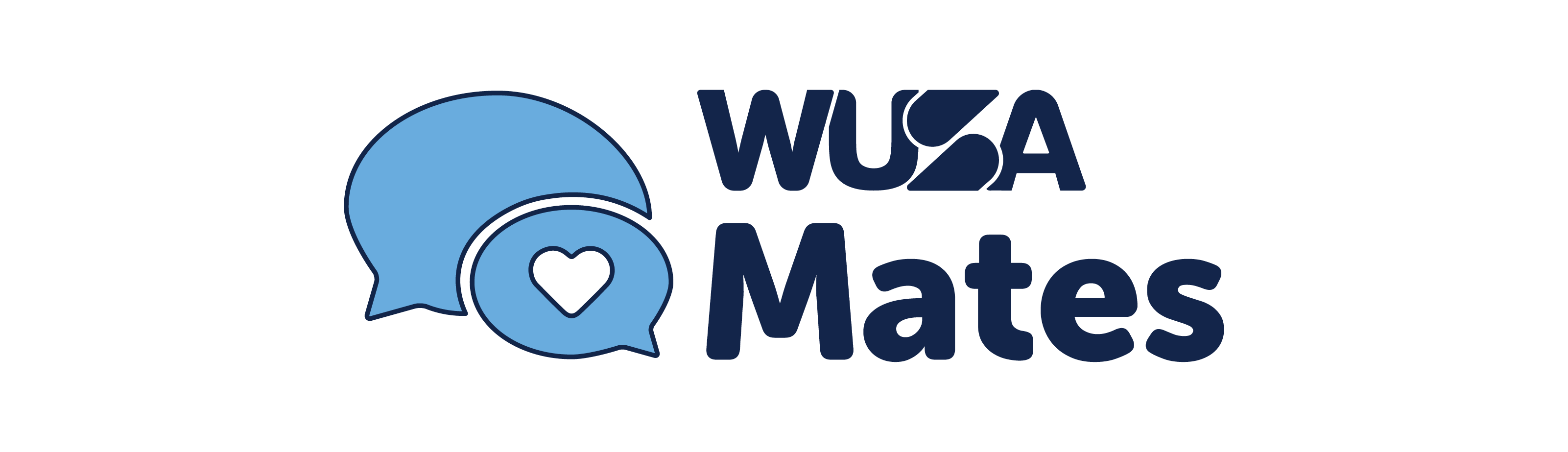 Logo with overlapping blue speech bubbles, one with a heart, next to the text "WUSA Mates" in blue.