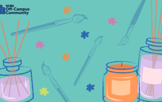 Illustration of painting brushes, a lit candle, and incense in jars alongside small flowers on a teal background—perfect for those inspired by a DIY candles vibe.