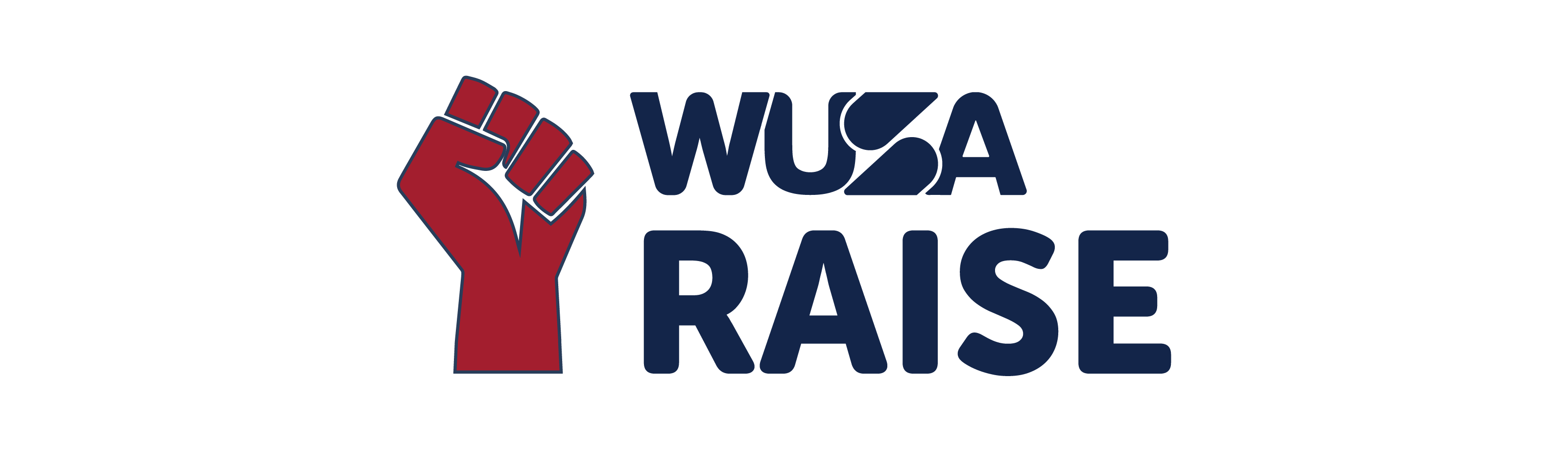 Logo with a red raised fist and the text "WUSA RAISE" in bold, dark blue letters.