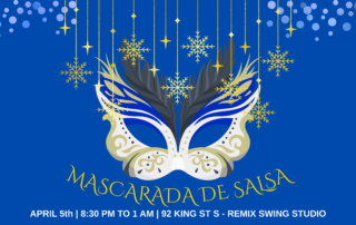 A festive mask adorned with feathers and snowflakes beautifully highlights the "Mascarada de Salsa" event details at the bottom.