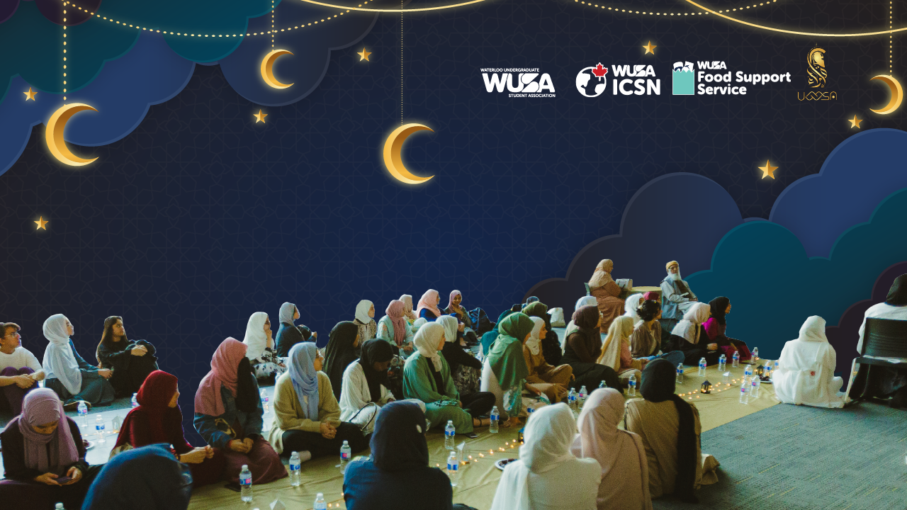 People sitting on the floor at an Iftar event with a night sky and crescent decorations, fostering a sense of connection. Food and drinks are placed in front, inviting reflection and togetherness.