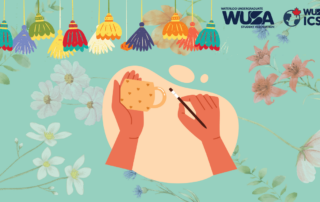 Hands delicately painting a mug, surrounded by vibrant hanging decorations with a floral backdrop, capturing the spirit of Newroz. The ICSN logo sits at the top right, adding a touch of authenticity to this artistic scene.