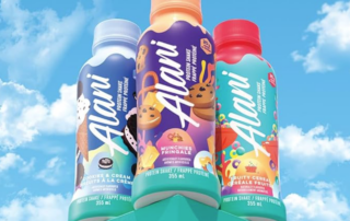 Three vibrant Alani protein shake bottles set against a sky backdrop, featuring irresistible fruit and dessert flavors.