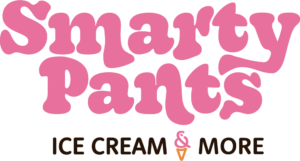 Smarty Pants Ice Cream & More logo in pink and brown with an ice cream cone symbol.