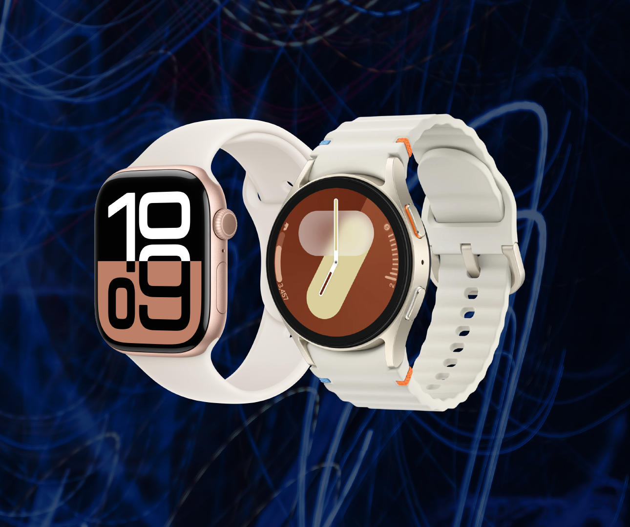 Spring Giveaway_SplashPage Two smartwatches with white bands, featured as the Ultimate Prize, stand out against a dark, abstract blue and purple background.