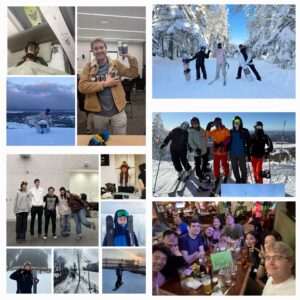 Collage of friends skiing, hanging out indoors, posing outdoors, and enjoying time at a restaurant, capturing the spirit of Winter 2025 and celebrating Student Excellence like at the WUSA Volunteer Awards.