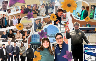 A collage of diverse people at events during the 2024-25 Governance Year, smiling, posing, and campaigning, with flowers and leaf decorations.