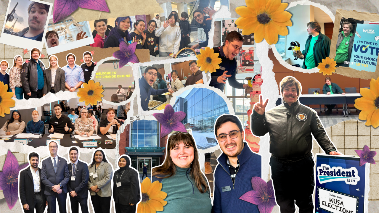 A collage of diverse people at events during the 2024-25 Governance Year, smiling, posing, and campaigning, with flowers and leaf decorations.