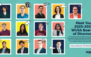 A collage of 13 diverse people with text on a teal background reads, "Meet Your 2025-26 WUSA Board of Directors. Your Board of Directors (BOD) is the guiding force behind WUSA, steering WUSA's financial, legal, and organizational decisions to ensure we're always working in your best interest. wusa.ca/board-of-directors."