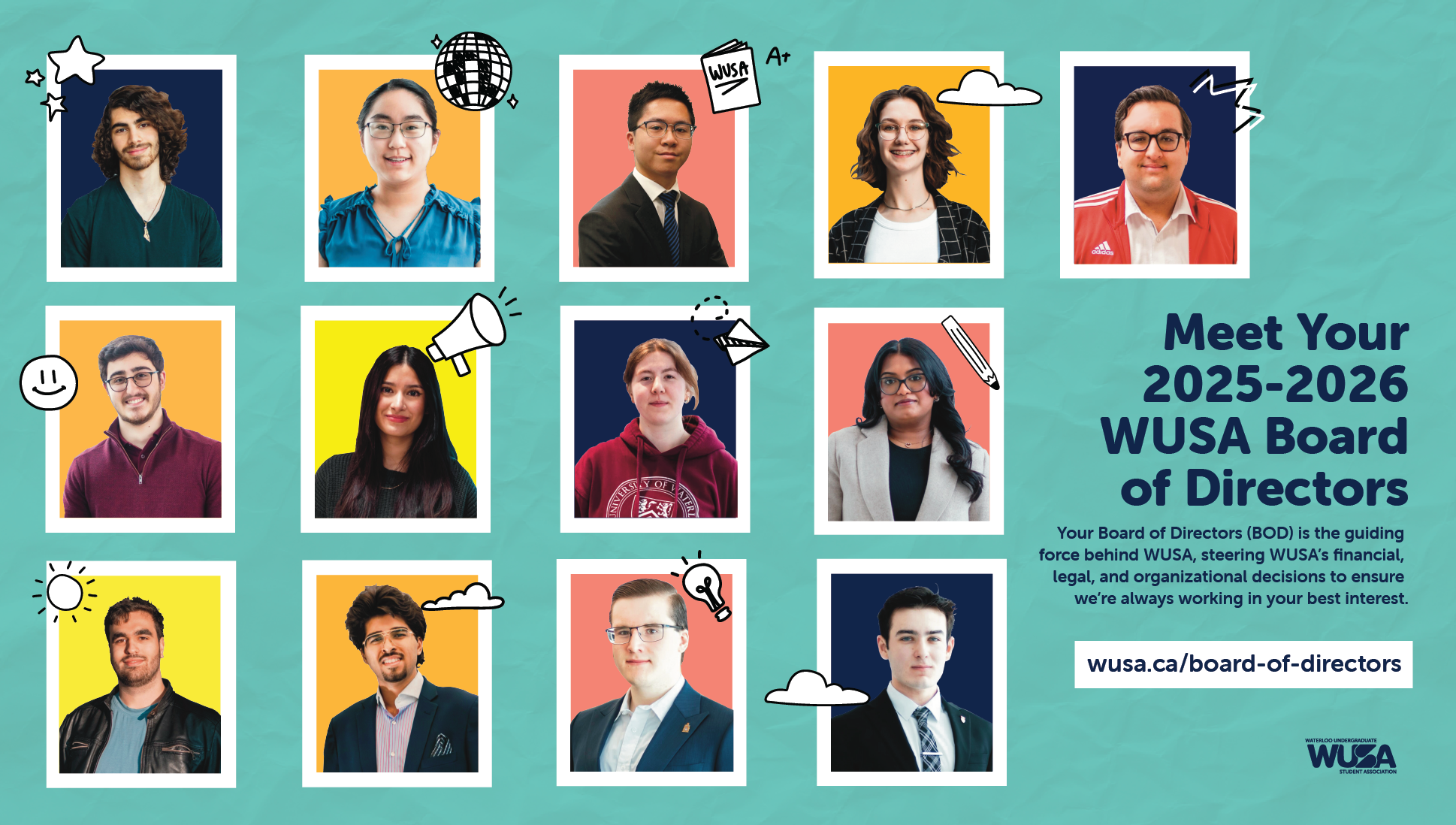 A collage of 13 diverse people with text on a teal background reads, "Meet Your 2025-26 WUSA Board of Directors. Your Board of Directors (BOD) is the guiding force behind WUSA, steering WUSA's financial, legal, and organizational decisions to ensure we're always working in your best interest. wusa.ca/board-of-directors."