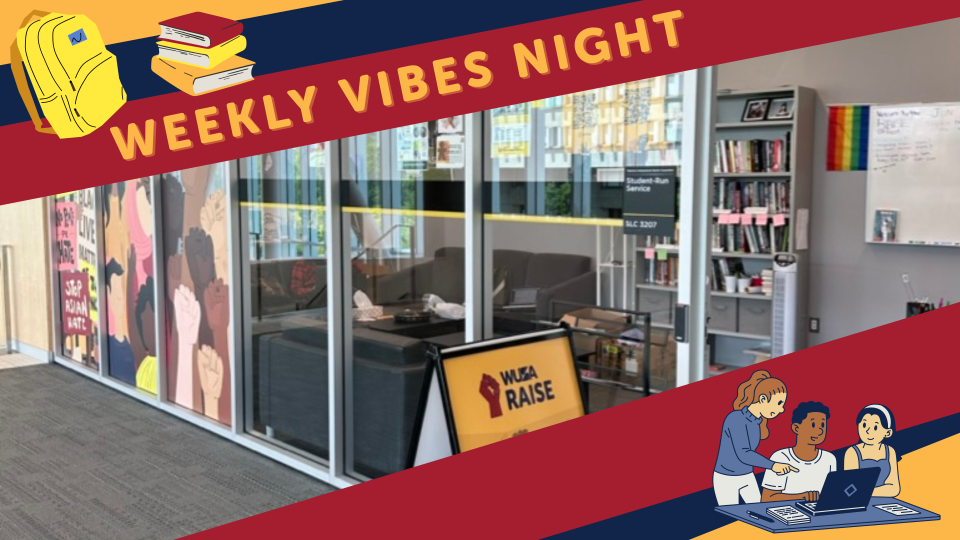 Glass-walled lounge with colorful murals, books, and a sign reading "Mesa Raise," promoting Weekly Vibes Night.
