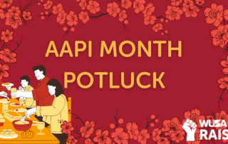 Illustration of people sharing food at a table with text "AAPI Month Potluck," floral border, and a warm celebration of Eating Through Culture.