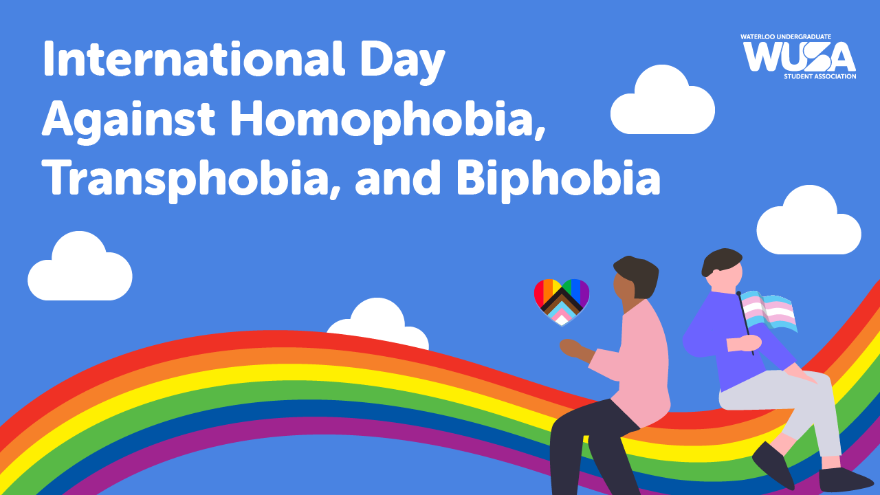 Two people sit on a rainbow with pride flags, honoring the International Day Against Homophobia, Transphobia, and Biphobia. Text reads “International Day Against Homophobia, Transphobia, and Biphobia.”.
