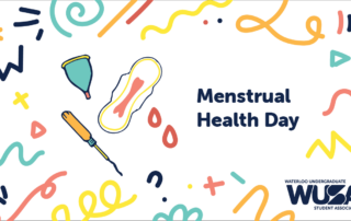 Colorful doodles featuring a menstrual cup, pad, and tampon highlight Menstrual Health and Access. Text reads "Menstrual Health Day" alongside the WUSA logo.