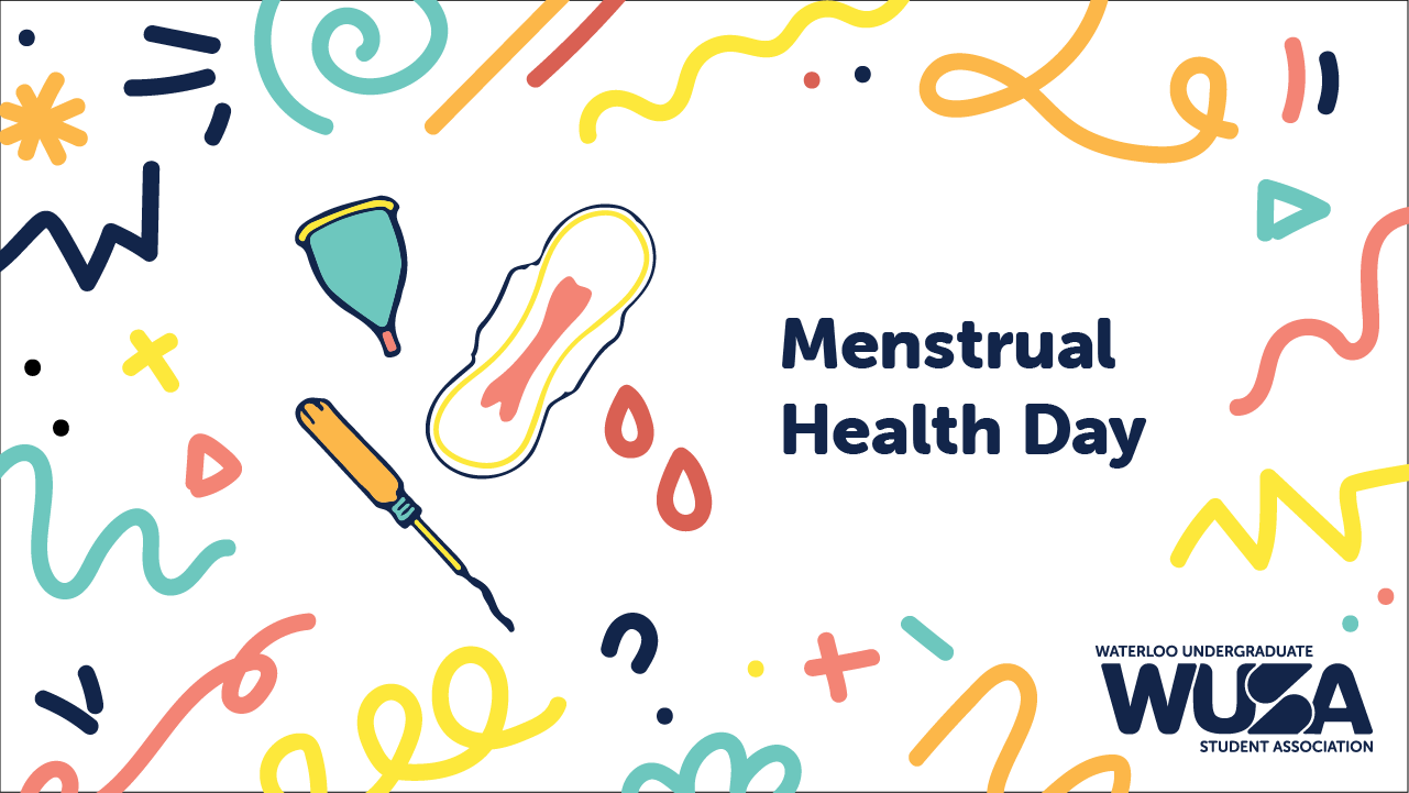 Colorful doodles featuring a menstrual cup, pad, and tampon highlight Menstrual Health and Access. Text reads "Menstrual Health Day" alongside the WUSA logo.
