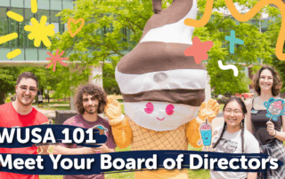 Five people, including one in an ice cream costume, smile outdoors with “WUSA 101 Meet Your 2025-26 Board of Directors” text.