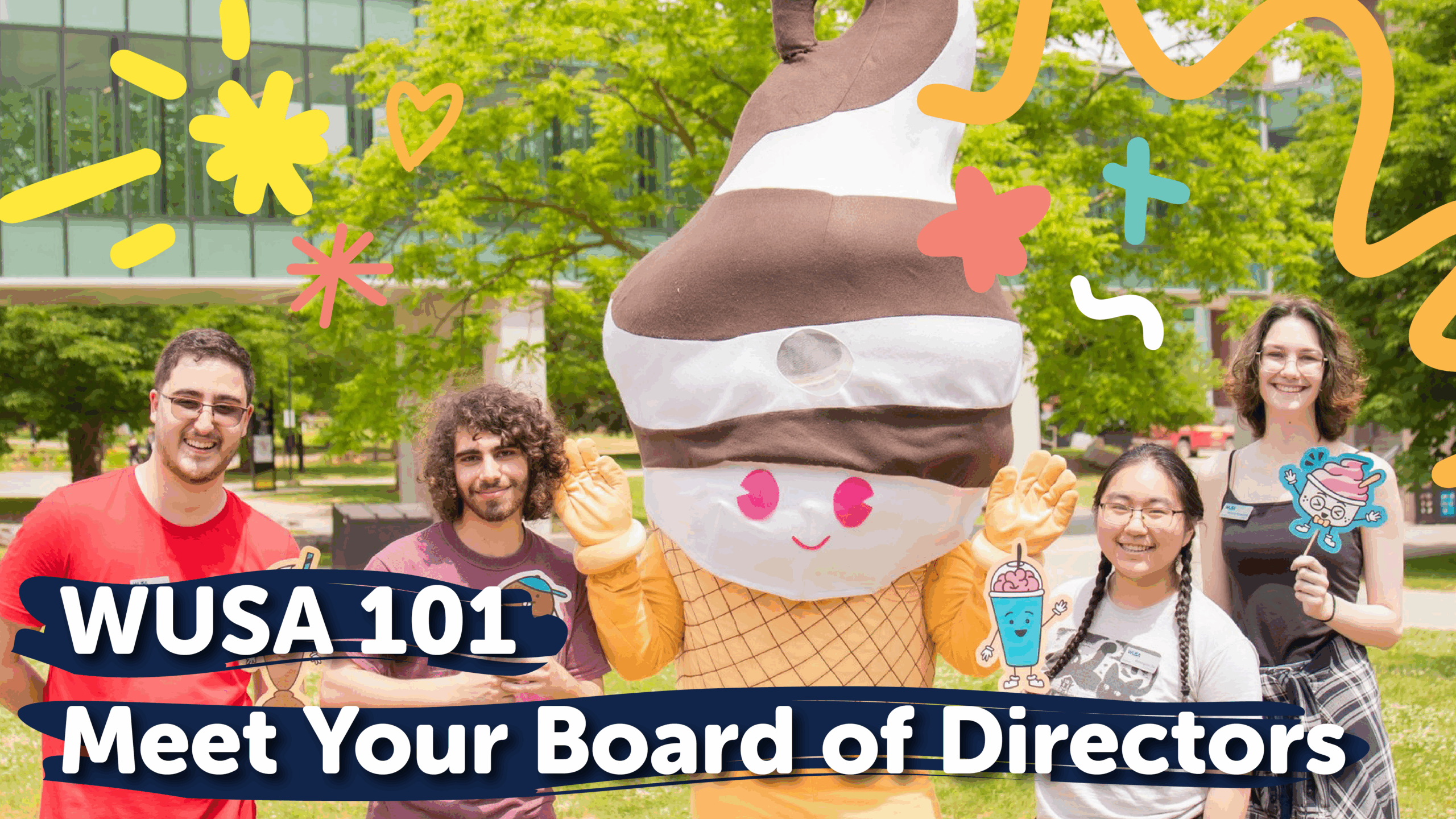 Five people, including one in an ice cream costume, smile outdoors with “WUSA 101 Meet Your 2025-26 Board of Directors” text.