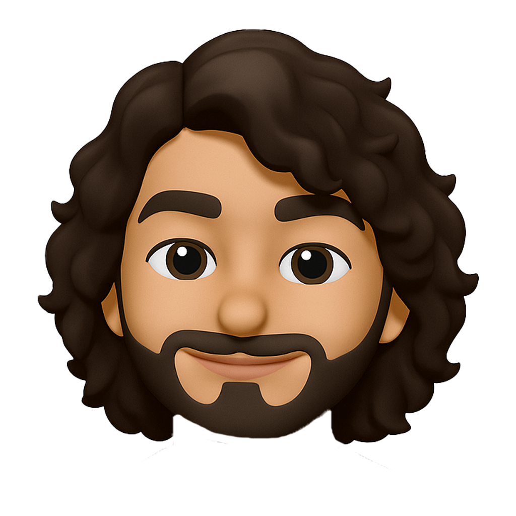 3D cartoon avatar with curly dark hair, a full beard, and a friendly smile.